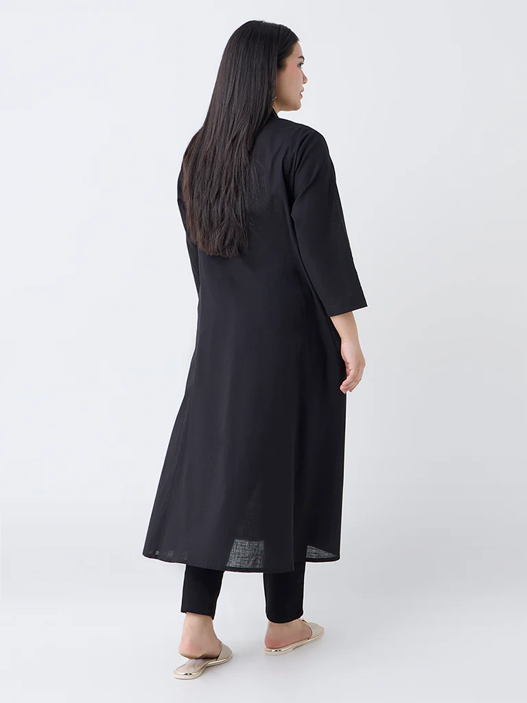 Diza Black Floral Embroidered Cotton A-Line Kurta - Image 4