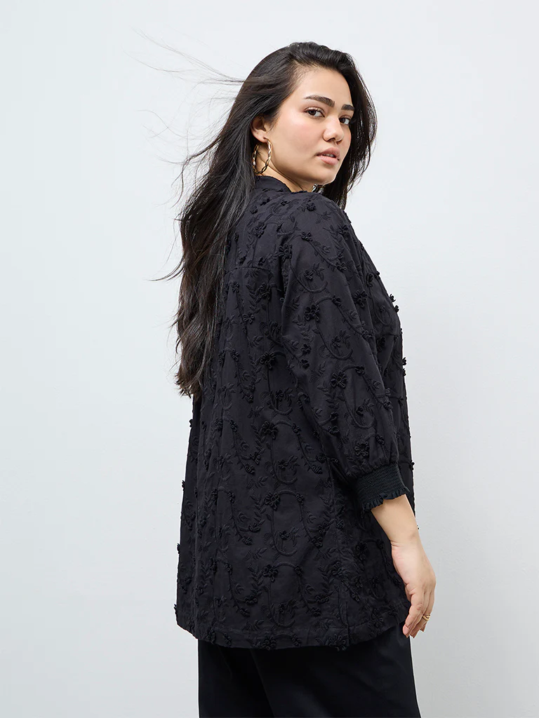 Diza Black Floral Embroidered Cotton Tunic - Image 4