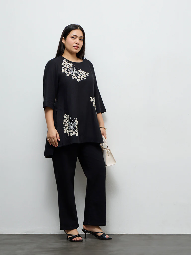 Diza Black Floral Embroidered High-Low Tunic - Image 2