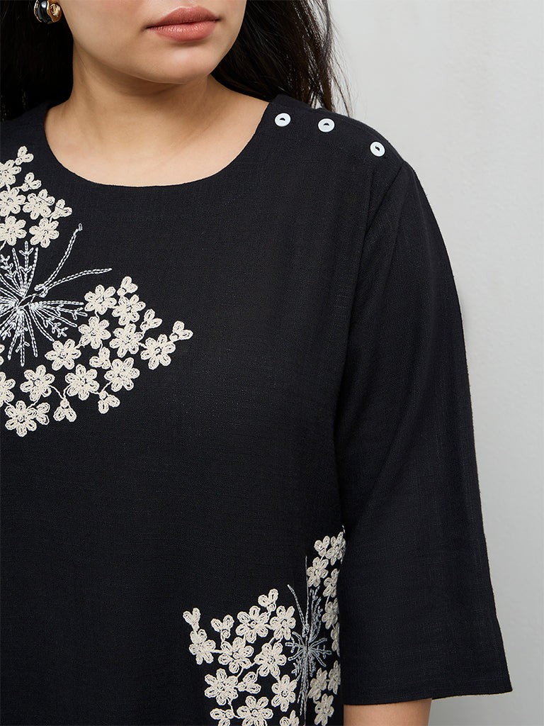 Diza Black Floral Embroidered High-Low Tunic - Image 3