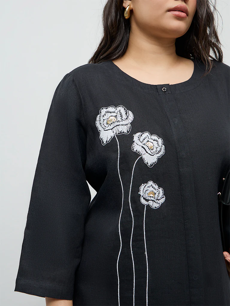 Diza Black Floral Embroidered Linen A-Line Kurta - Image 3