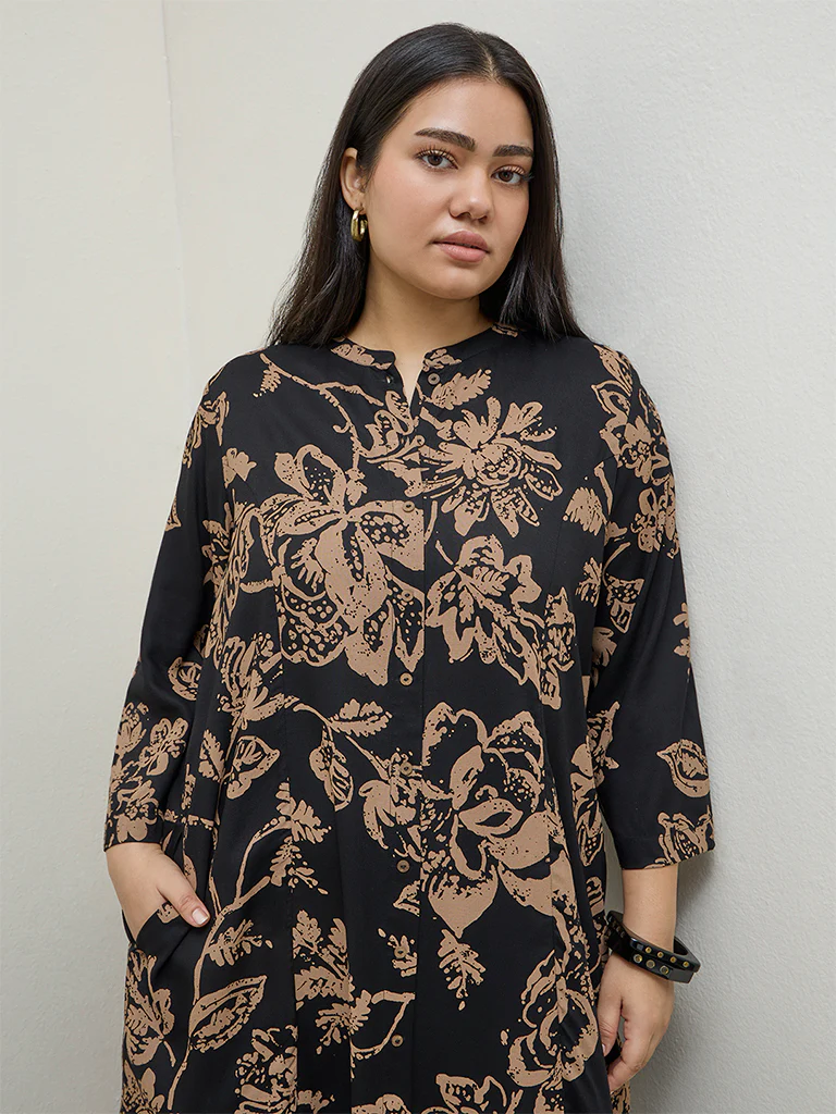 Diza Black Floral Pattern A-Line Kurta - Image 3