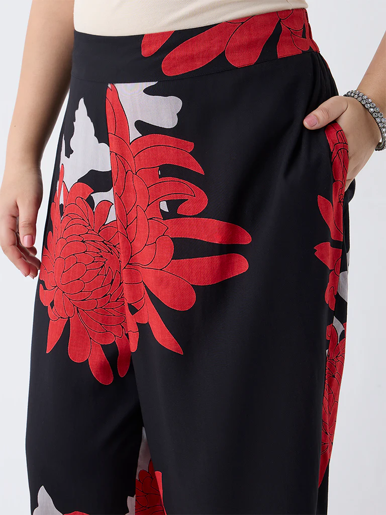 Diza Black Foliage Design Ethnic Pants - Image 3