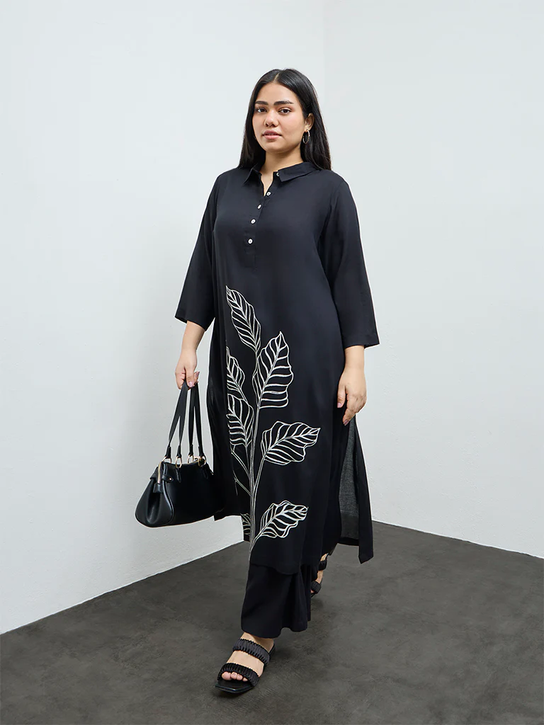Diza Black Foliage Printed A-Line Kurta - Image 2