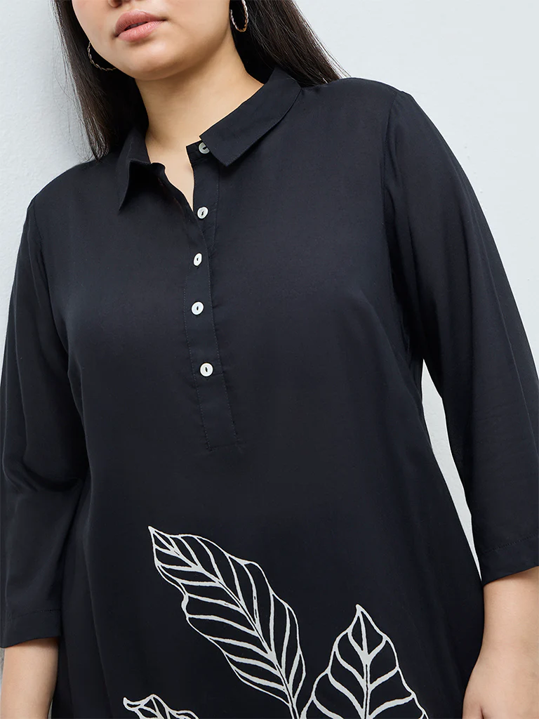 Diza Black Foliage Printed A-Line Kurta - Image 3