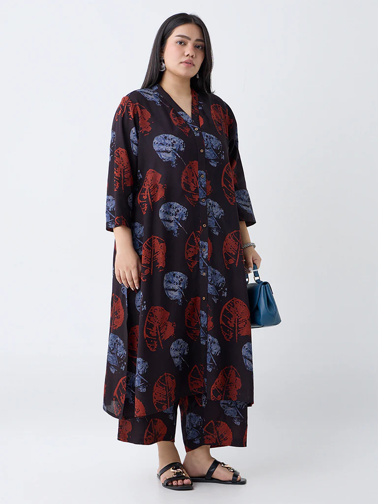 Diza Black Leaf Design A-Line Kurta - Image 2