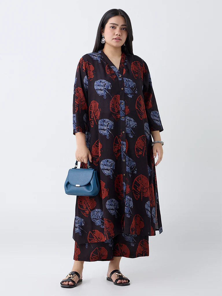 Diza Black Leaf Design Ethnic Pants - Image 2