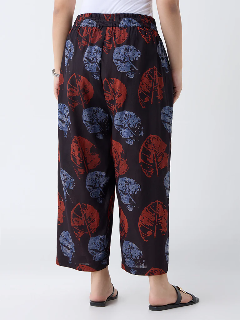 Diza Black Leaf Design Ethnic Pants - Image 4