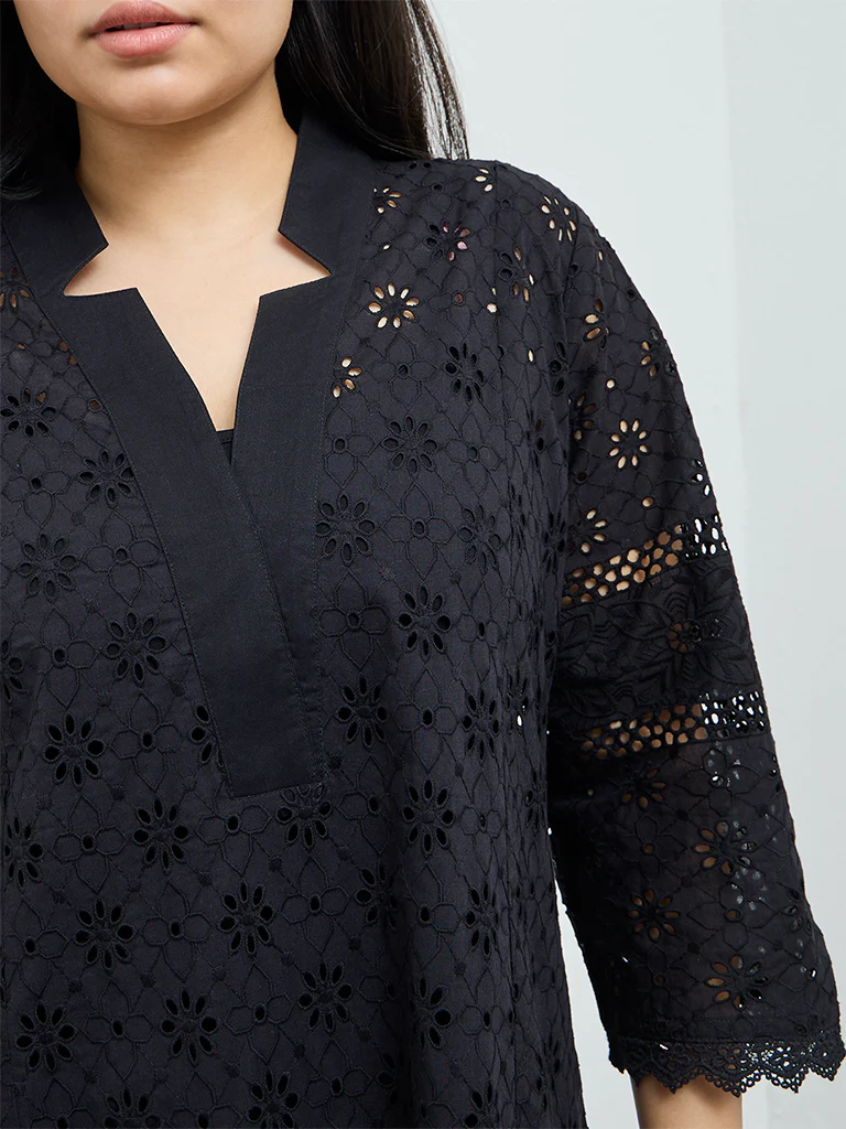 Diza Black Schiffli Embroidered A-Line Cotton Kurta - Image 3