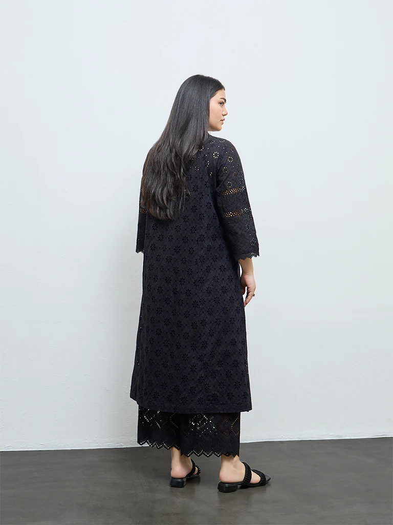 Diza Black Schiffli Embroidered A-Line Cotton Kurta - Image 4