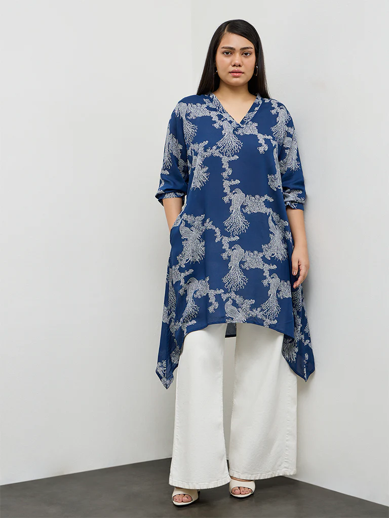 Diza Blue Bird Printed A-Line Kurta