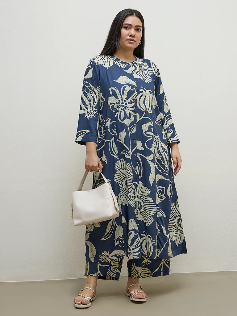 Diza Blue Botanical Printed A-Line Kurta - Image 2