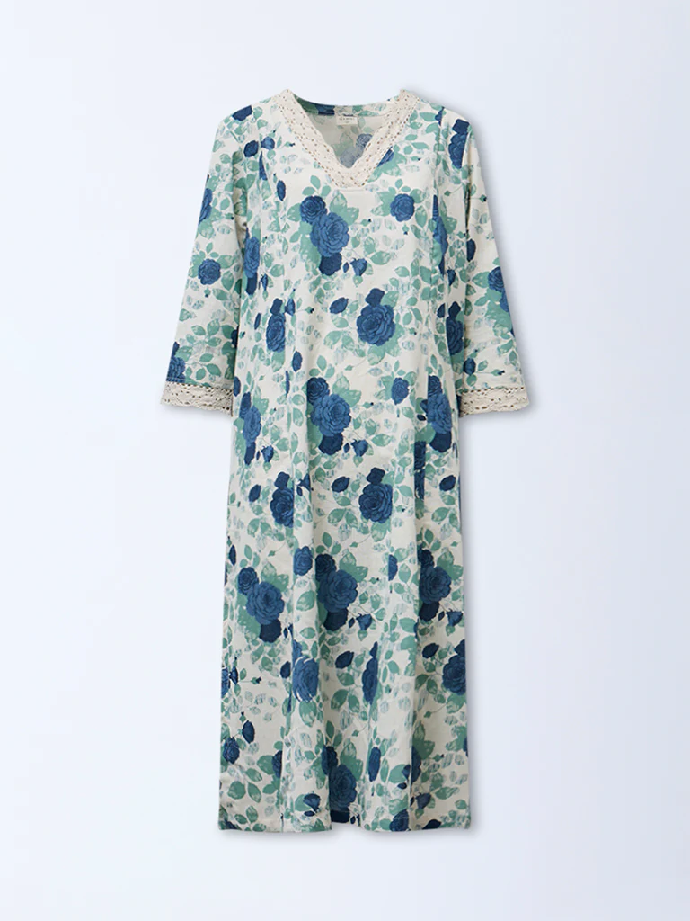 Diza Blue Floral Printed Cotton-Blend A-Line Kurta - Image 5