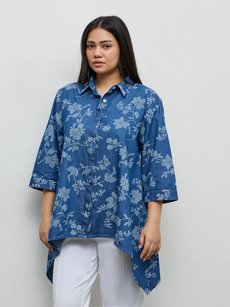 Diza Blue Floral Printed Denim Tunic
