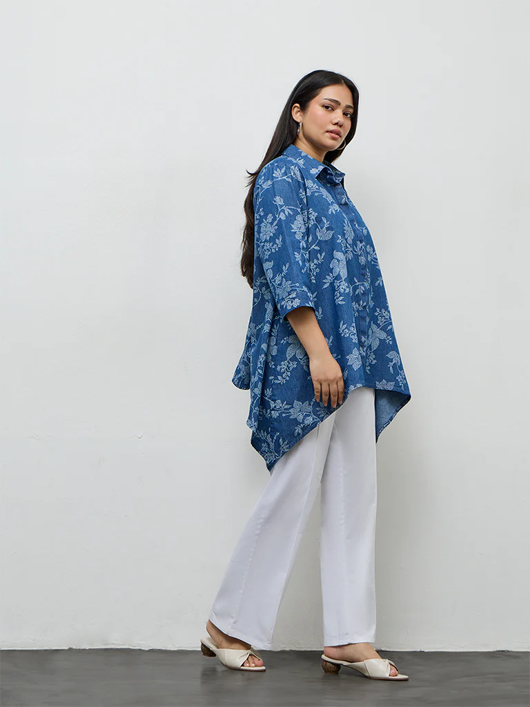 Diza Blue Floral Printed Denim Tunic - Image 2