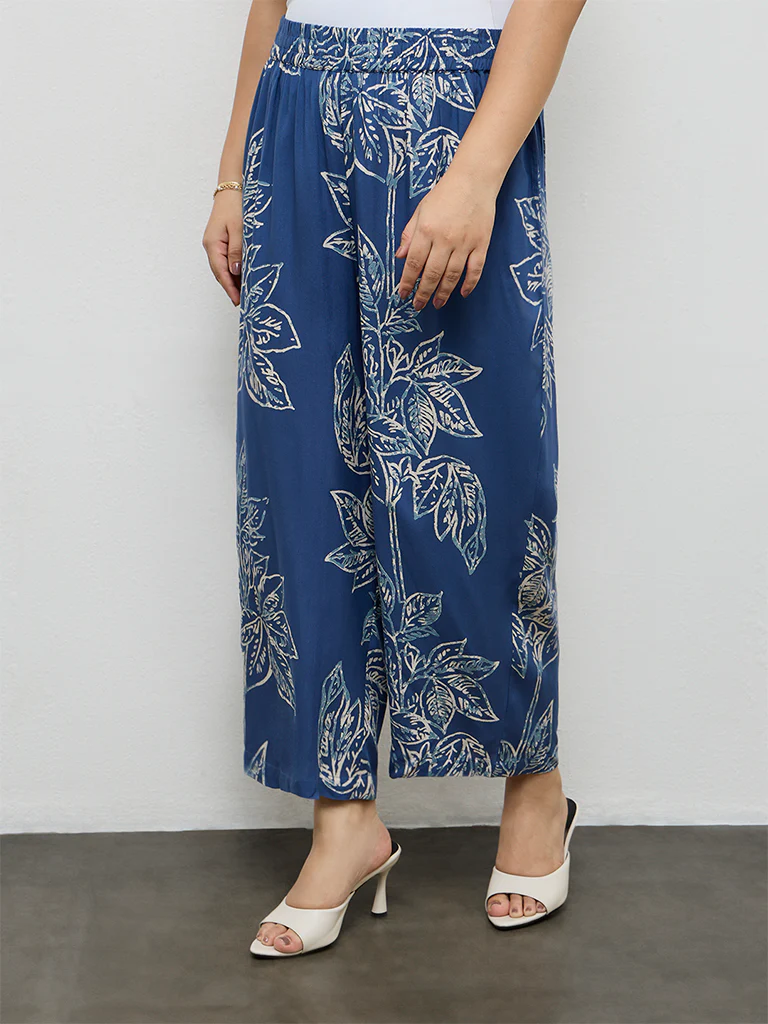 Diza Blue Foliage Pattern Palazzos