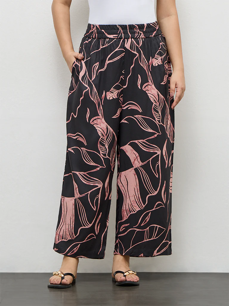 Diza Charcoal Leaf Pattern Palazzos
