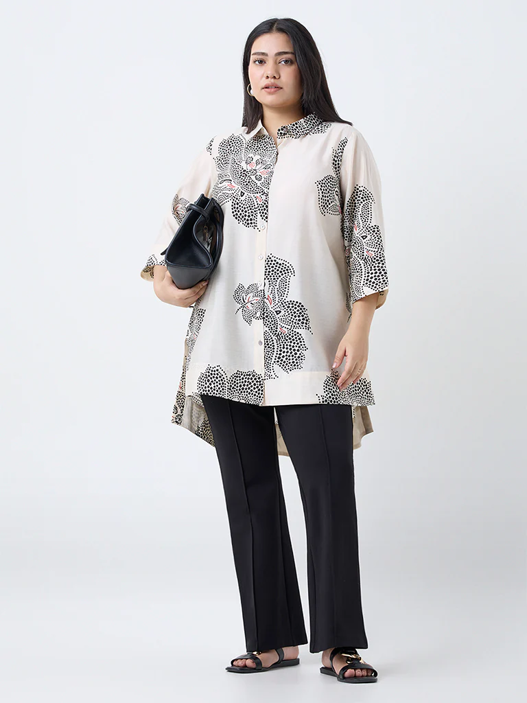 Diza Cream Floral Printed High-Low Tunic - Image 2