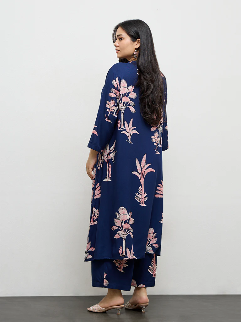 Diza Dark Blue Botanical Design A-Line Kurta - Image 4