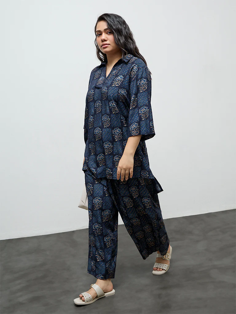 Diza Dark Blue Floral Printed High-Low Tunic - Image 2