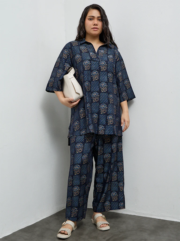 Diza Dark Blue Printed Pants - Image 2