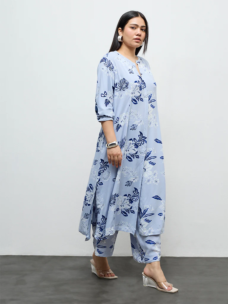 Diza Dusty Blue Botanical Printed A-Line Kurta - Image 2