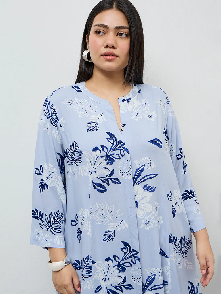 Diza Dusty Blue Botanical Printed A-Line Kurta - Image 3