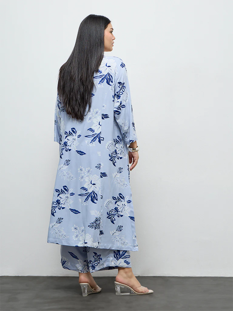 Diza Dusty Blue Botanical Printed A-Line Kurta - Image 4