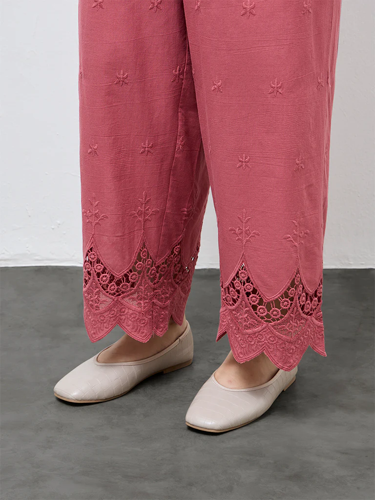 Diza Dusty Pink Embroidered Cotton Pants - Image 3