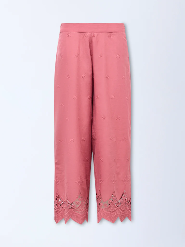 Diza Dusty Pink Embroidered Cotton Pants - Image 5