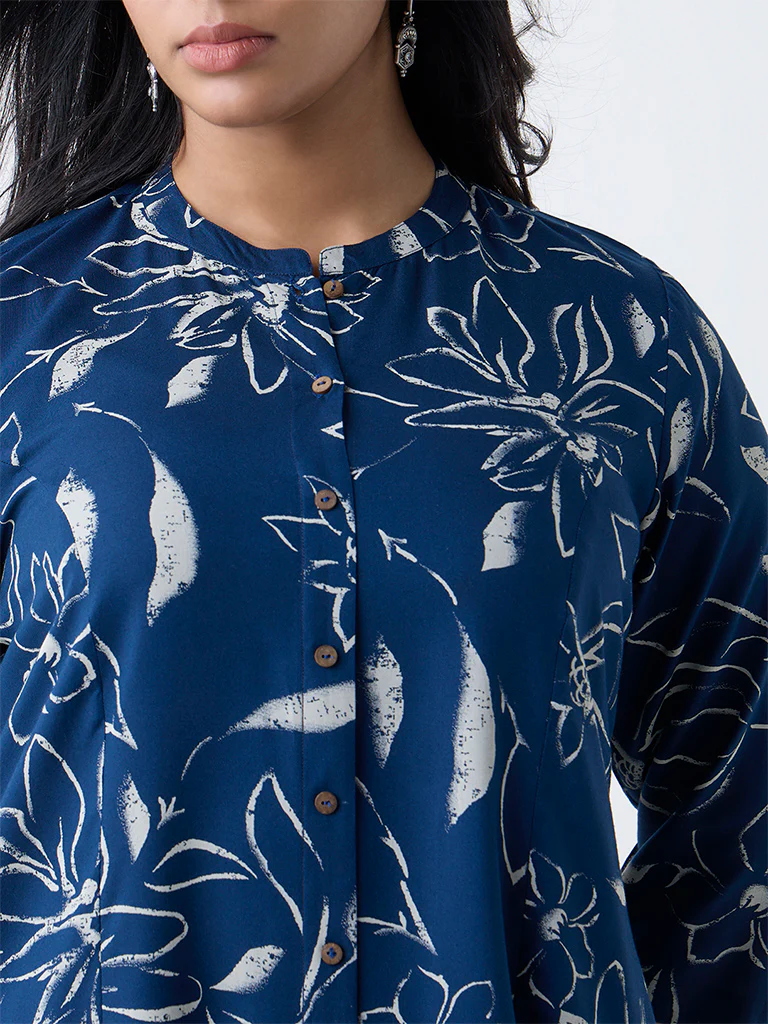 Diza Indigo Floral Design A-Line Kurta - Image 3