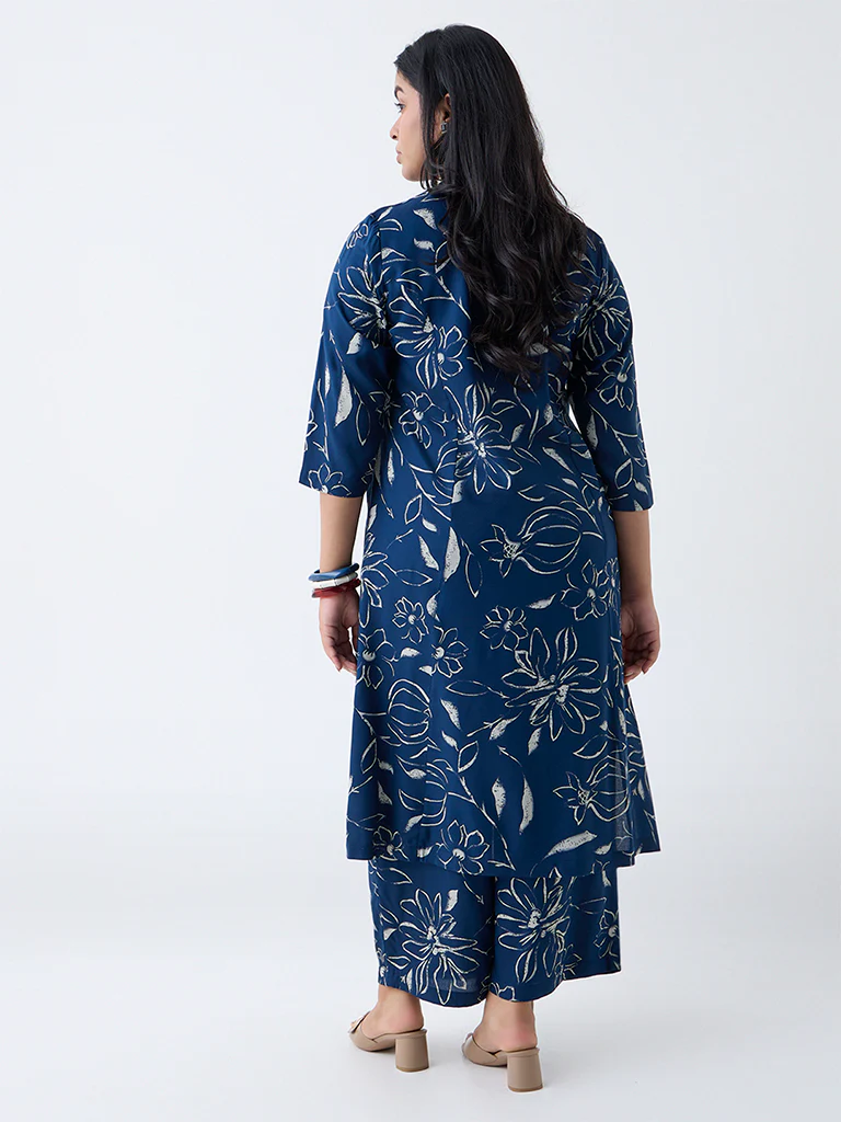 Diza Indigo Floral Design A-Line Kurta - Image 4