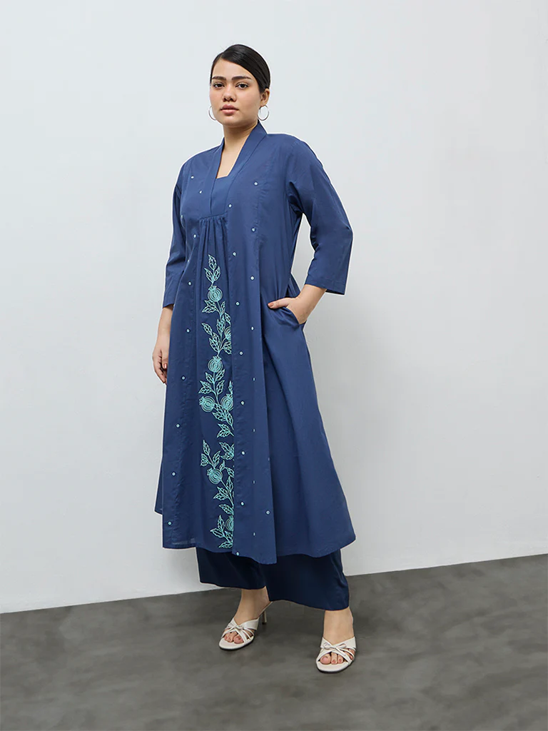 Diza Indigo Floral Embroidered Cotton A-Line Kurta - Image 2