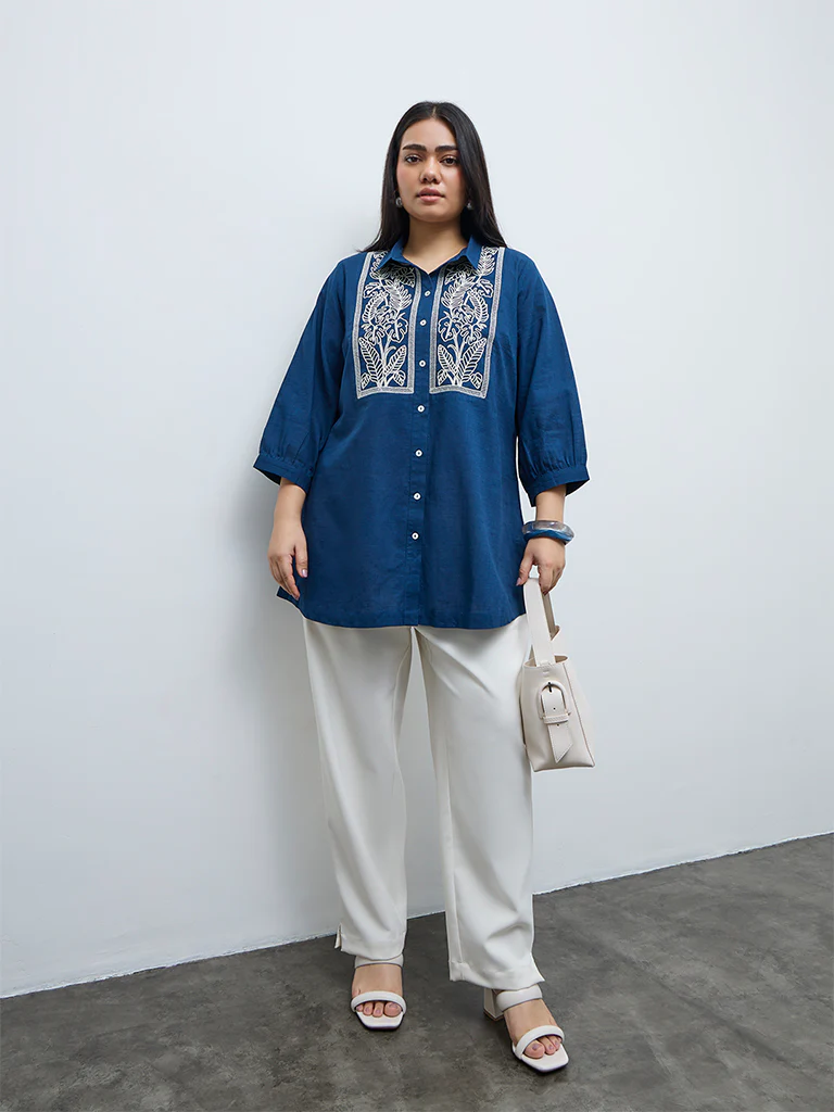 Diza Indigo Floral Embroidered Cotton Tunic - Image 2