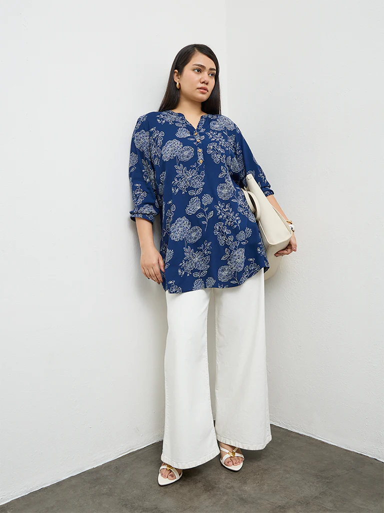Diza Indigo Floral Printed Tunic - Image 2