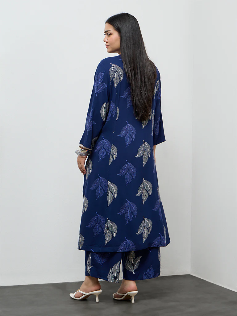 Diza Indigo Foliage Printed A-Line Kurta - Image 3