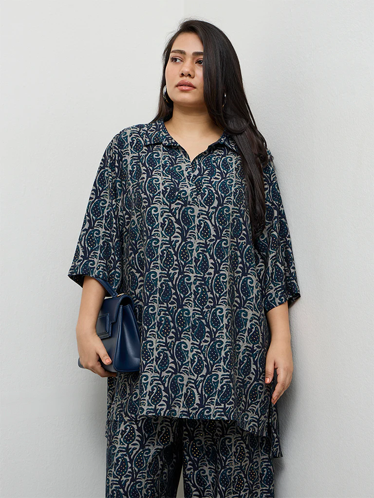 Diza Indigo Paisley Printed High-Low Tunic