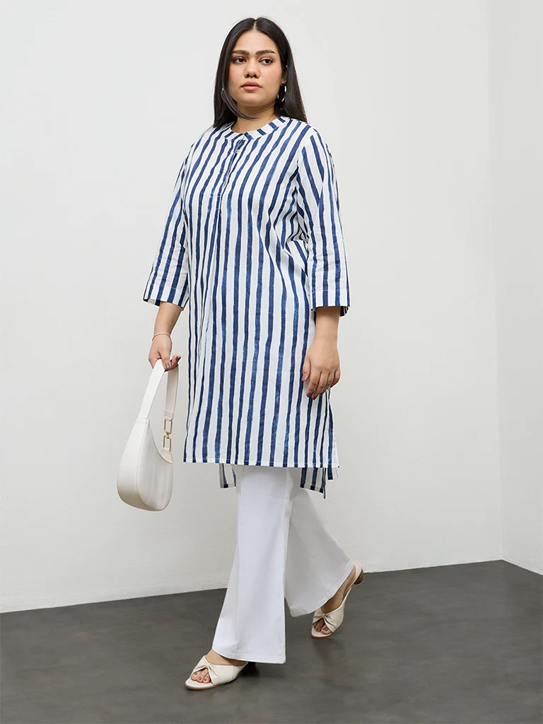 Diza Indigo Striped Cotton Straight Kurta