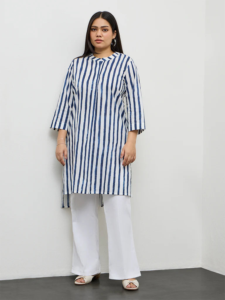 Diza Indigo Striped Cotton Straight Kurta - Image 2