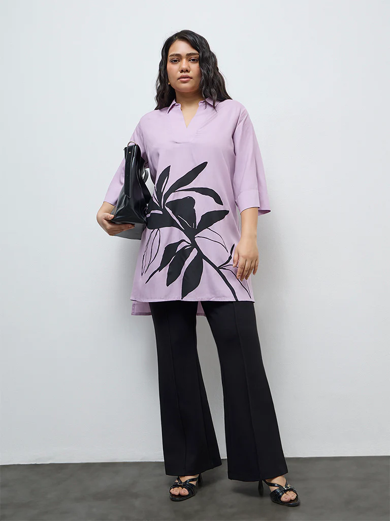Diza Lavender Floral Printed High-Low Kurti - Image 2