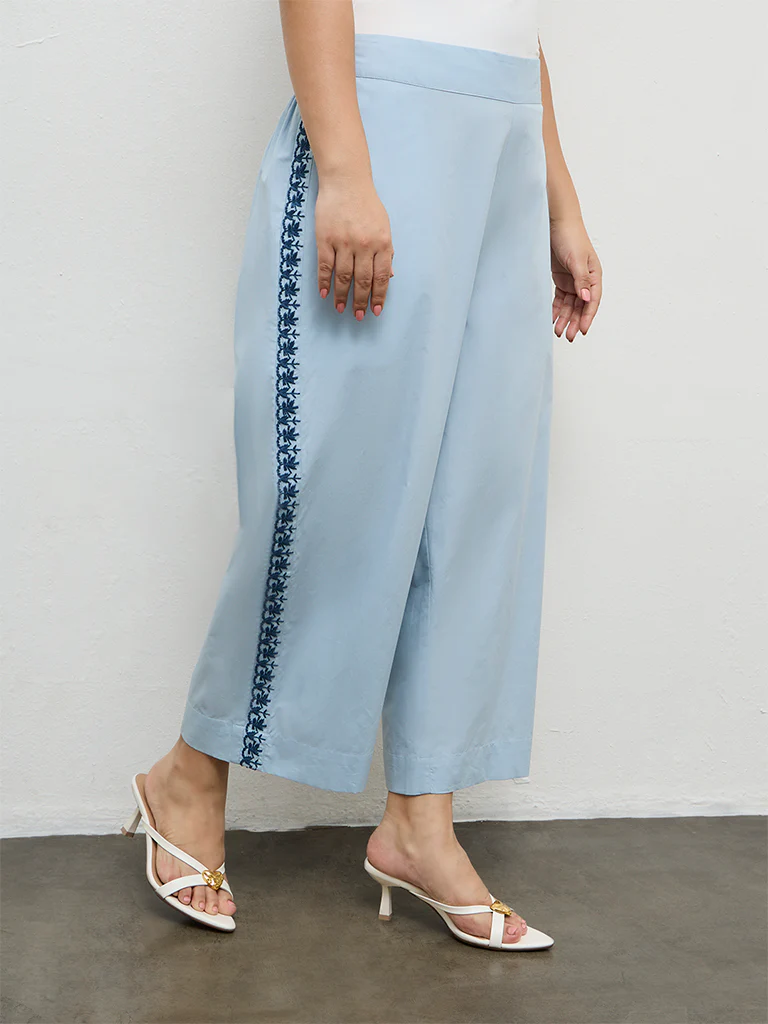 Diza Light Blue Embroidered Cotton Pants