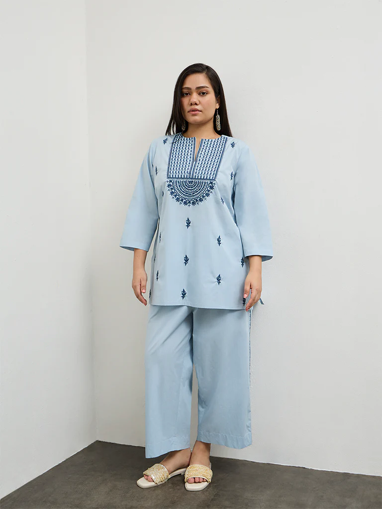 Diza Light Blue Embroidered Cotton Tunic