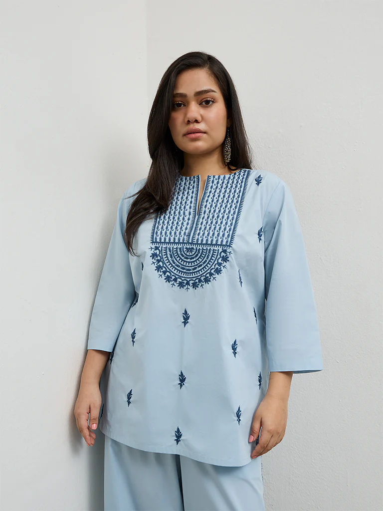 Diza Light Blue Embroidered Cotton Tunic - Image 2