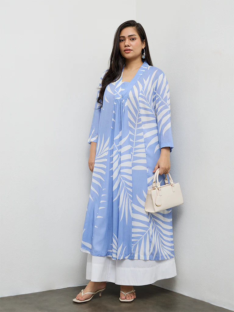 Diza Light Blue Foliage Printed A-Line Kurta
