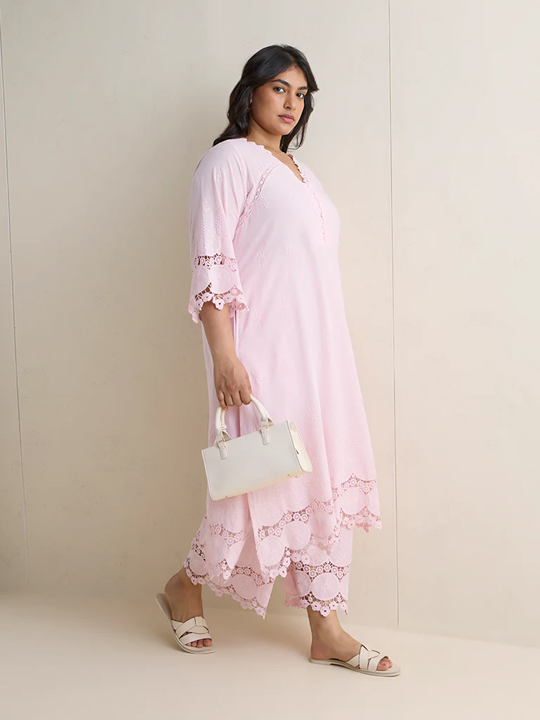 Diza Light Pink Embroidered Cotton A-Line Kurta - Image 2