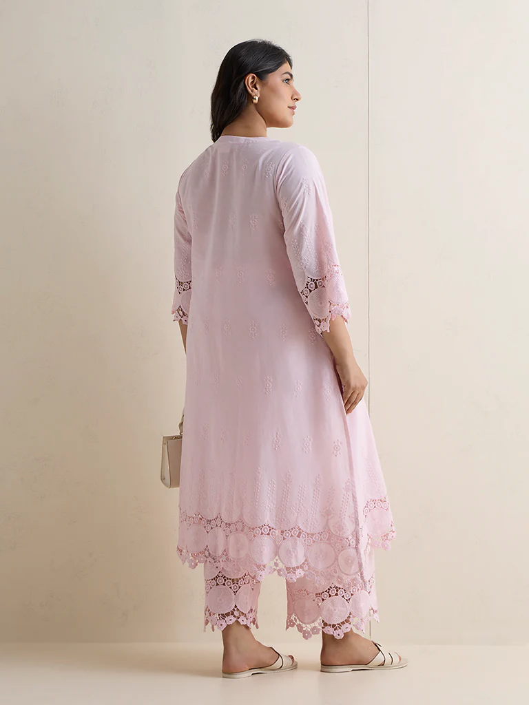 Diza Light Pink Embroidered Cotton A-Line Kurta - Image 4