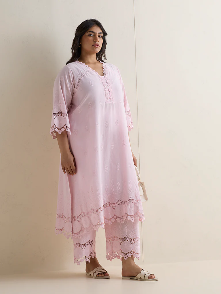 Diza Light Pink Embroidered Cotton Pants - Image 2