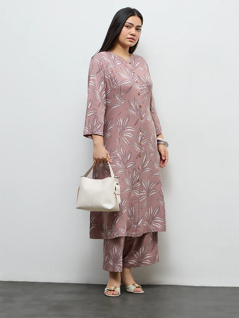 Diza Mauve Botanical Printed A-Line Kurta - Image 2