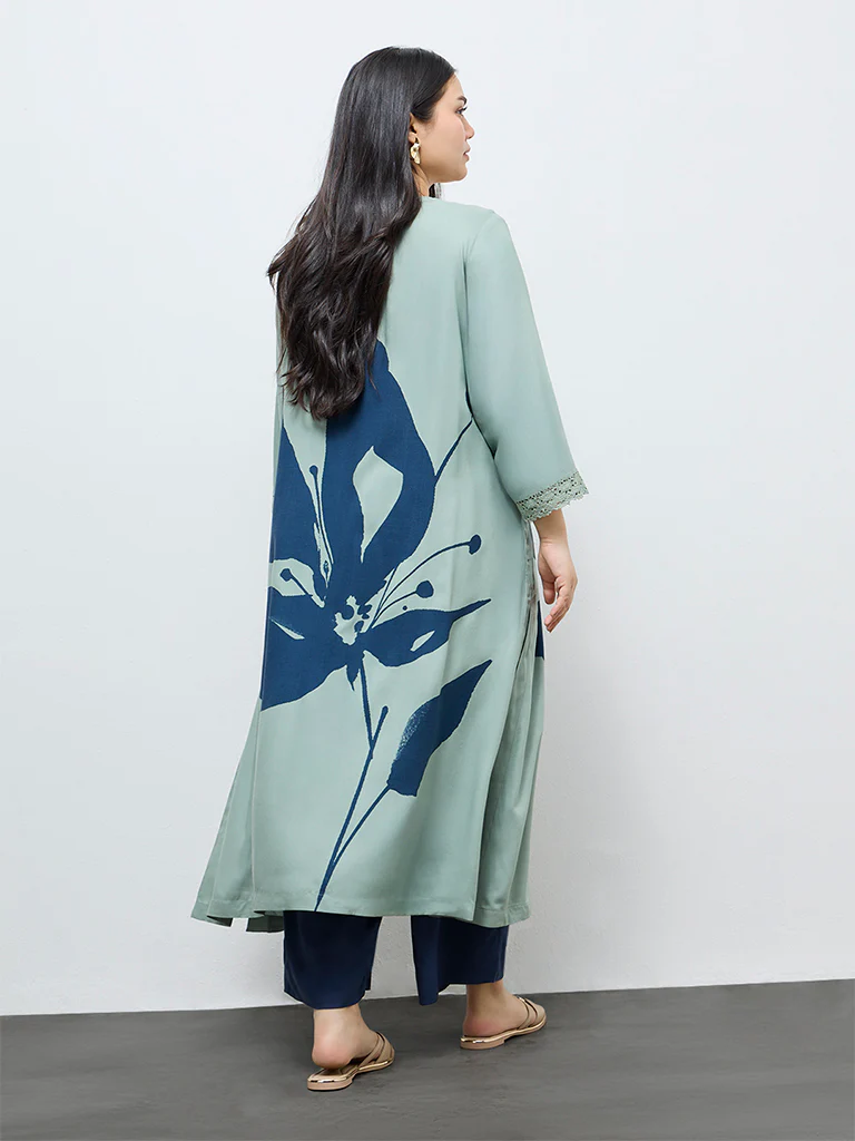 Diza Mint Floral Printed A-Line Kurta - Image 4