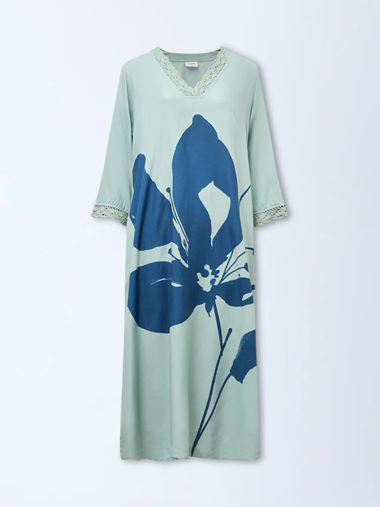 Diza Mint Floral Printed A-Line Kurta - Image 5